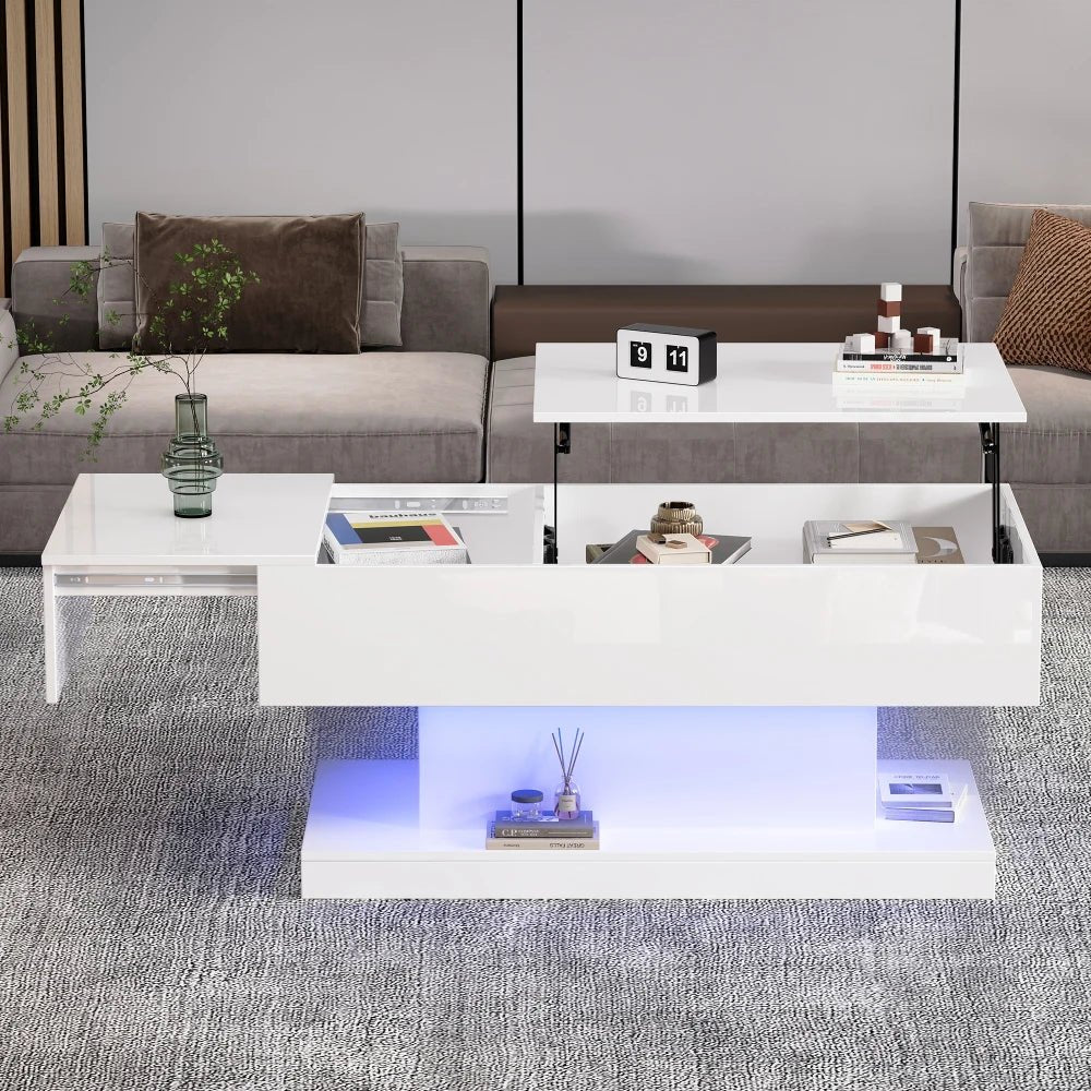 Table basse design blanc avec éclairage LED 100x50x45 Cm - vente privée 14:200844060CQY-white;200007763:201336101