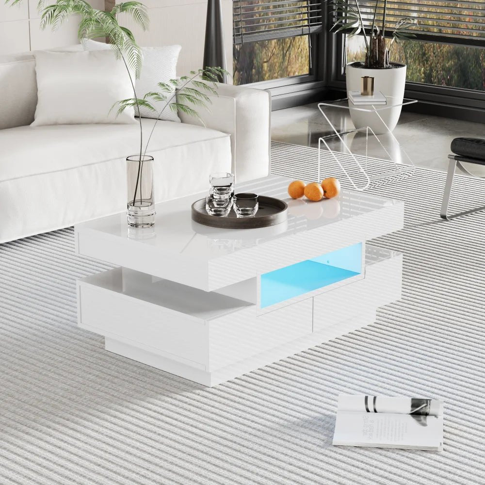 Table basse rectangulaire laquée avec tiroir et LED - vente privée 14:200006155White;200007763:201336101