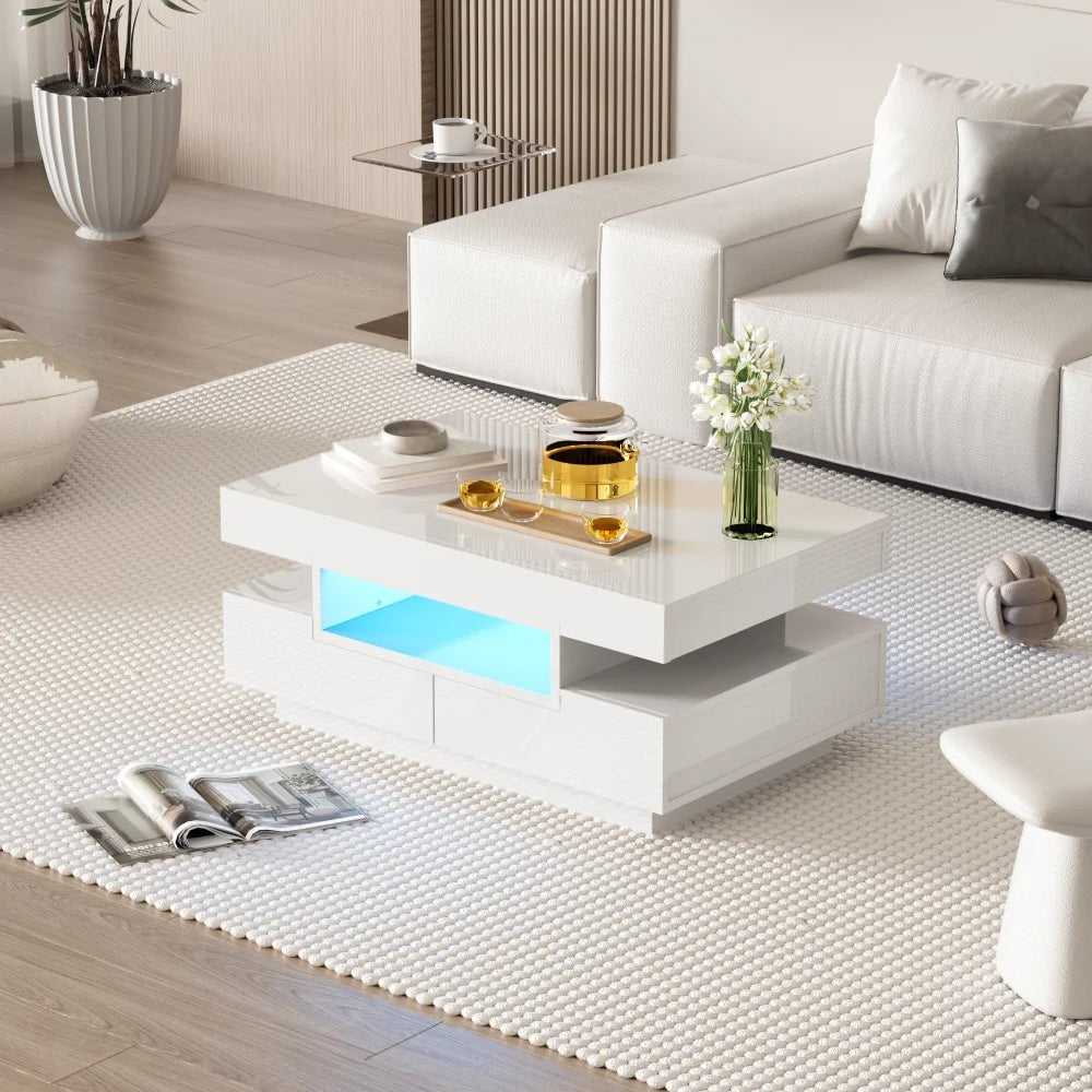 Table basse rectangulaire laquée avec tiroir et LED - vente privée 14:200006155White;200007763:201336101