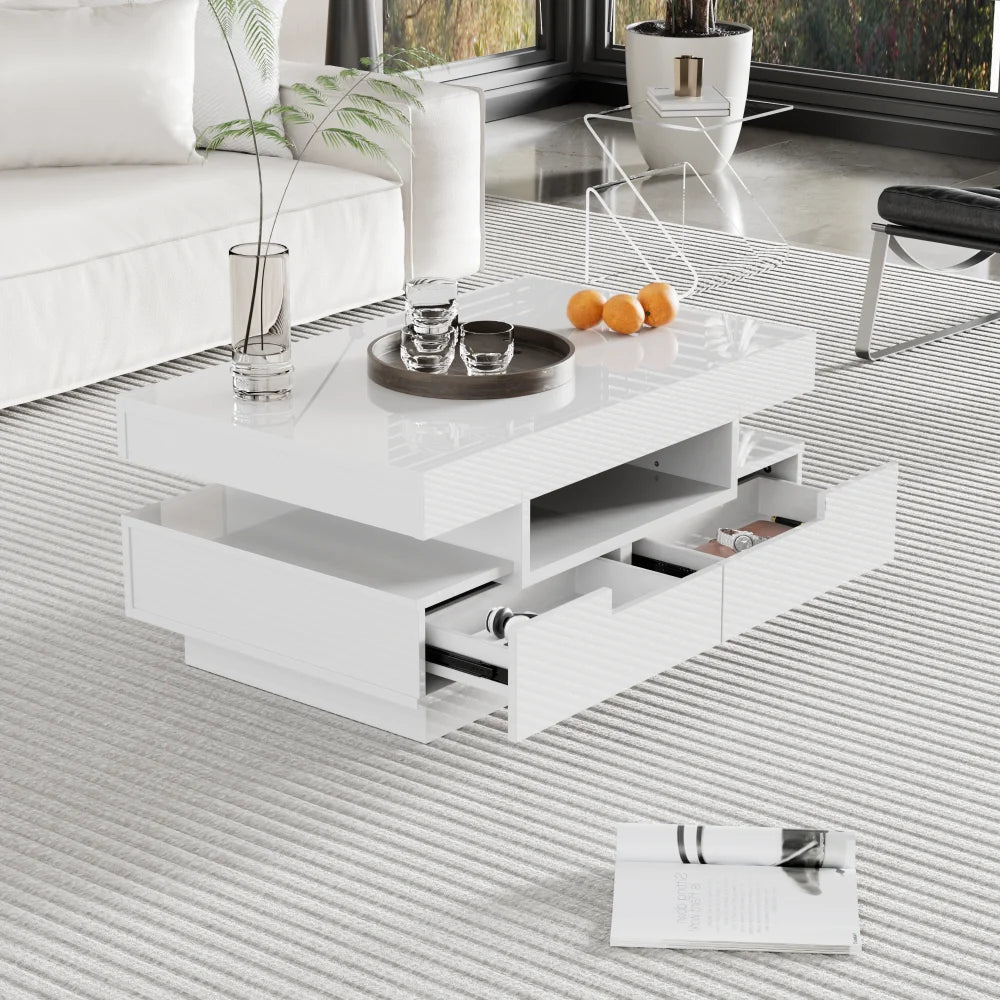 Table basse rectangulaire laquée avec tiroir et LED - vente privée 14:200006155White;200007763:201336101
