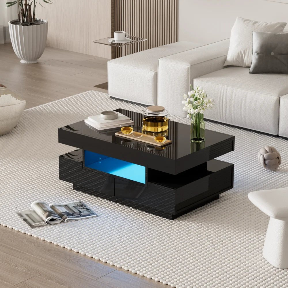 Table basse rectangulaire laquée avec tiroir et LED - vente privée 14:200006155White;200007763:201336101