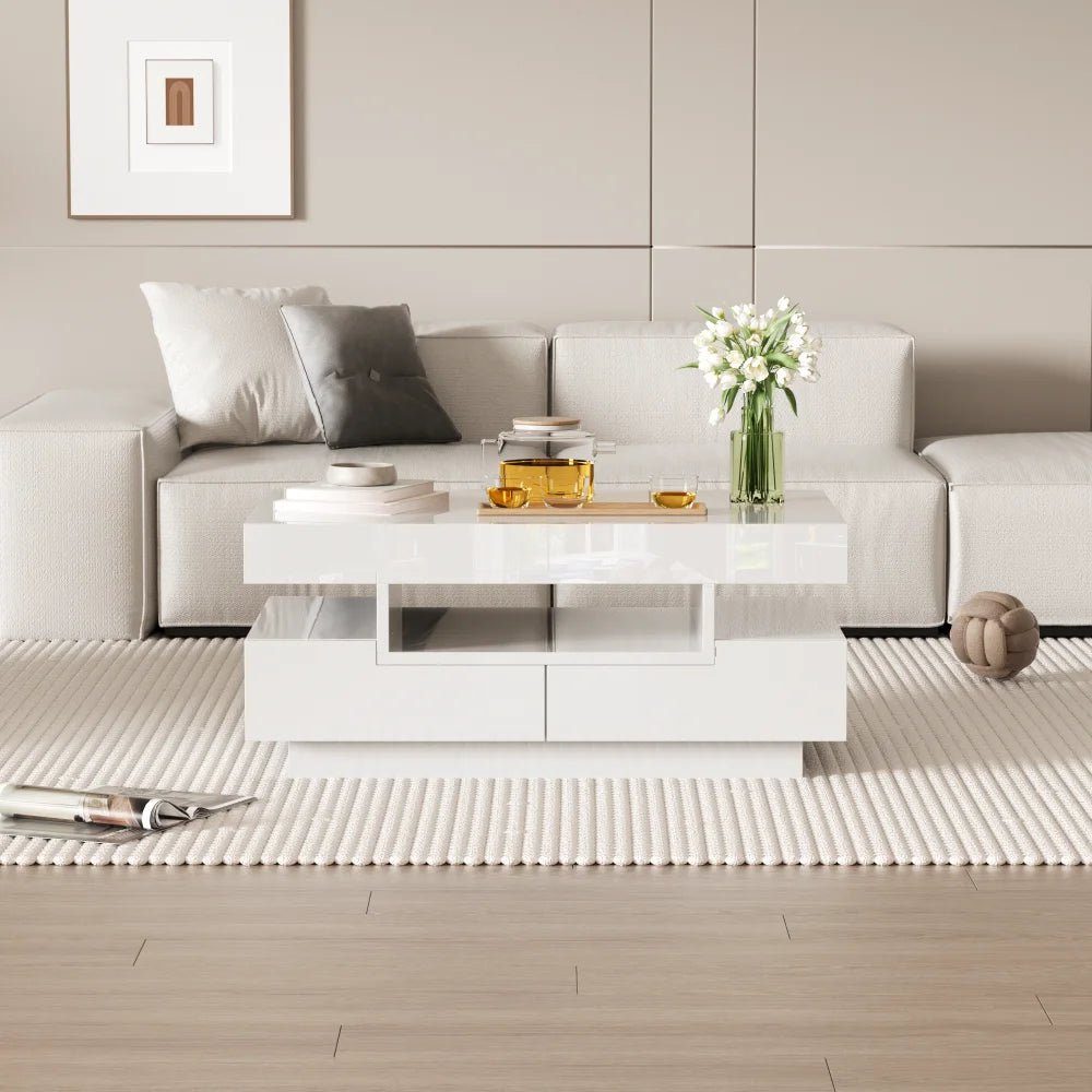 Table basse rectangulaire laquée avec tiroir et LED - vente privée 14:200006155White;200007763:201336101