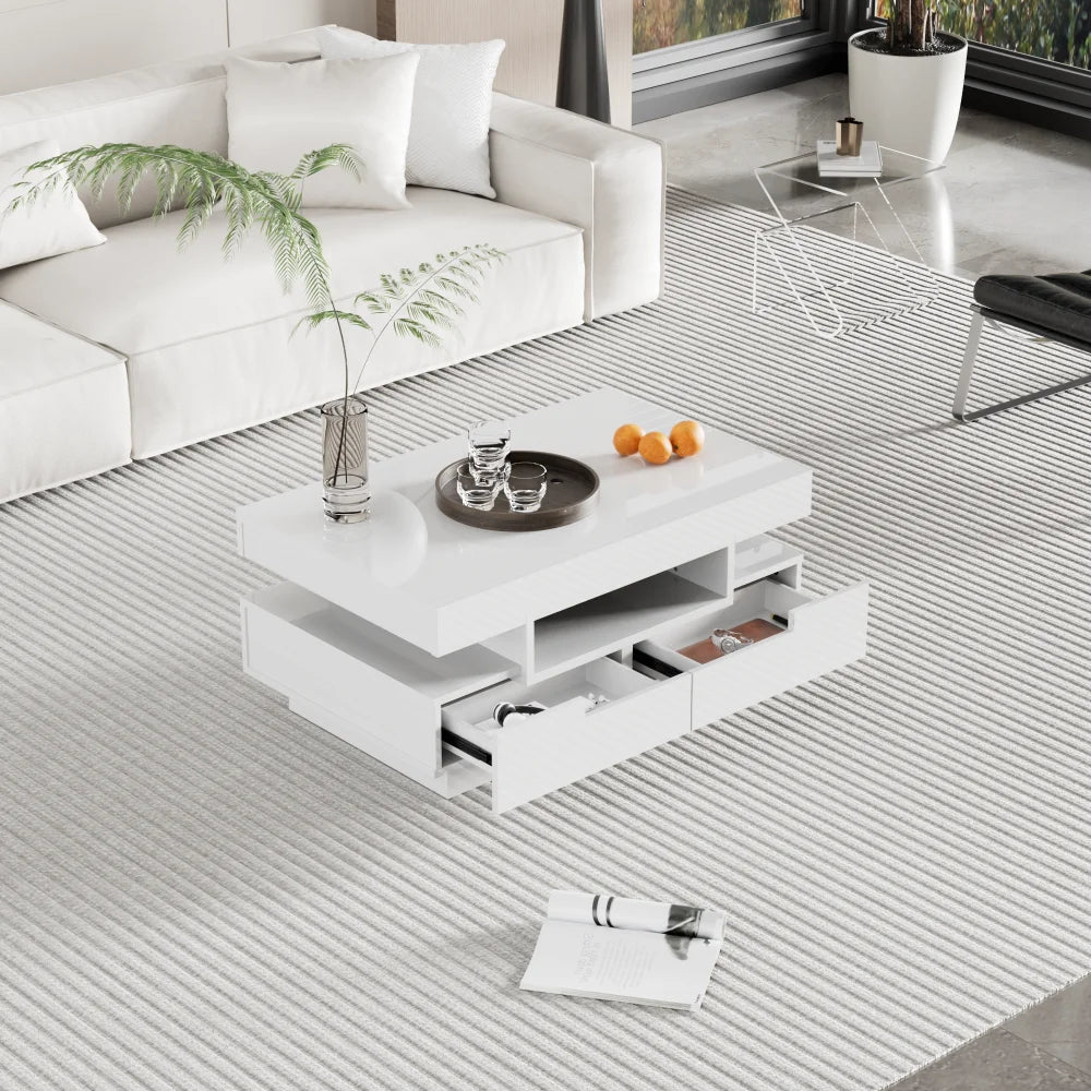 Table basse rectangulaire laquée avec tiroir et LED - vente privée 14:200006155White;200007763:201336101