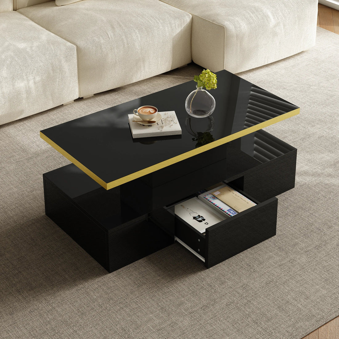 Table basse rectangulaire moderne et brillante avec éclairage LED - vente privée 14:200844062Black - Particle Board;200007763:201336342
