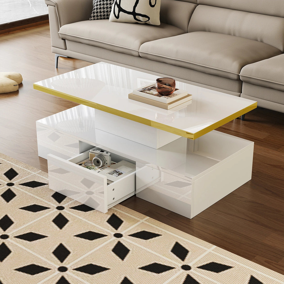 Table basse rectangulaire moderne et brillante avec éclairage LED - vente privée 14:200844062Black - Particle Board;200007763:201336342