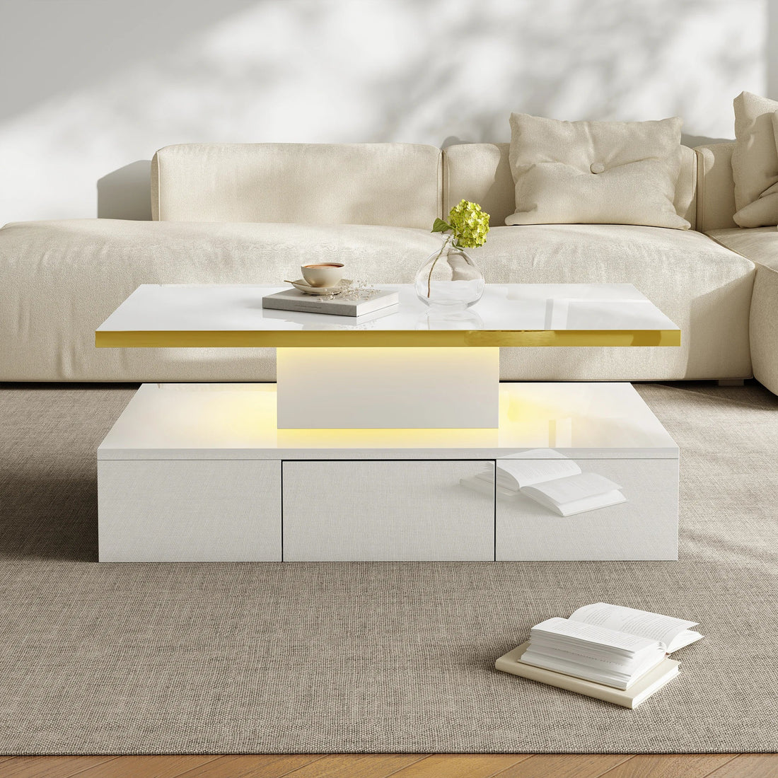 Table basse rectangulaire moderne et brillante avec éclairage LED - vente privée 14:200844062Black - Particle Board;200007763:201336342