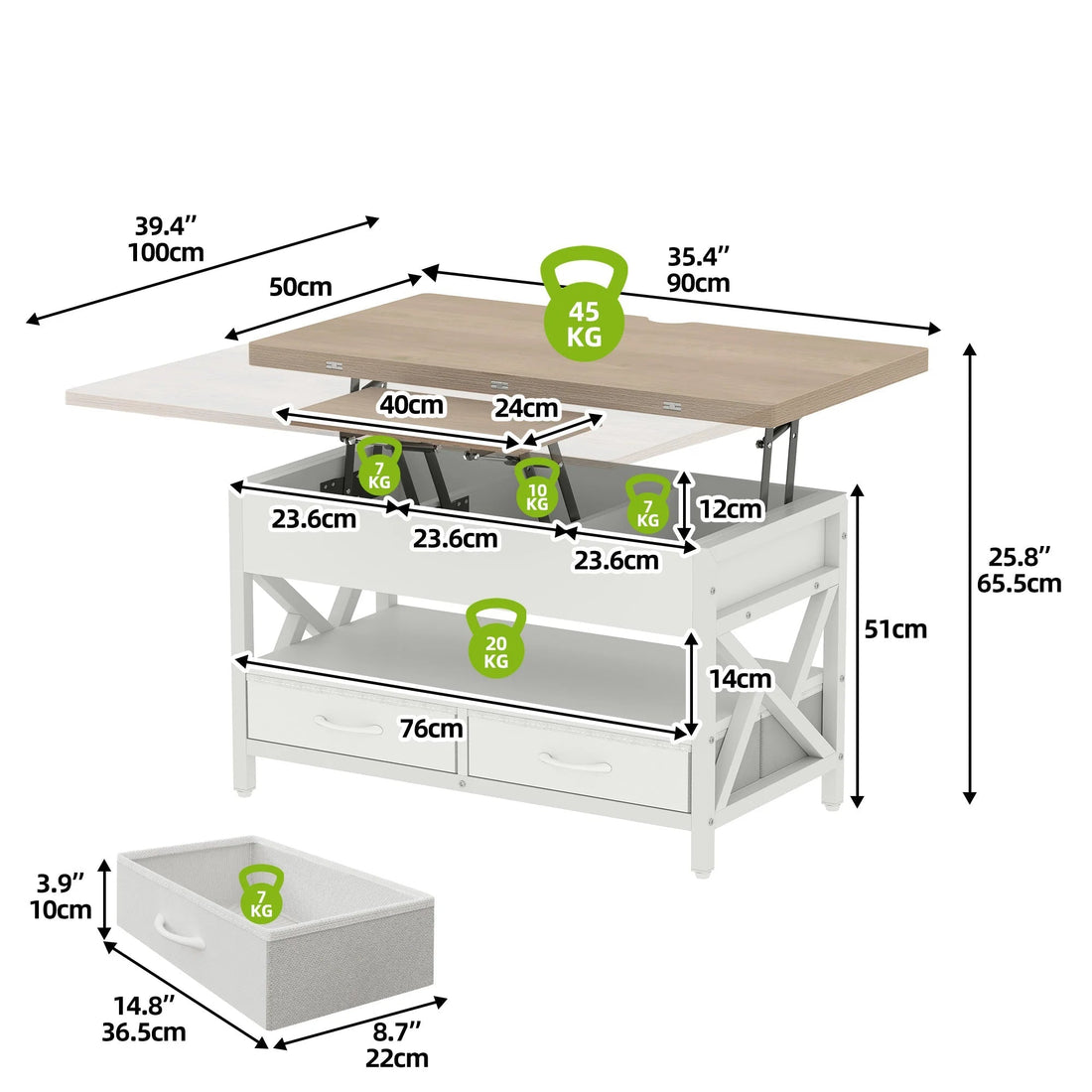 Table basse relevable balconera 90×50×51.5cm - vente privée 14:29;200007763:201336101