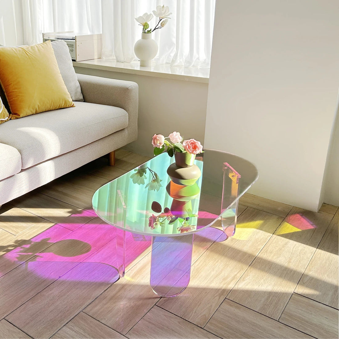 Table basse verre ronde et acrylique irisé - vente privée 14:200003699;200007763:201336101
