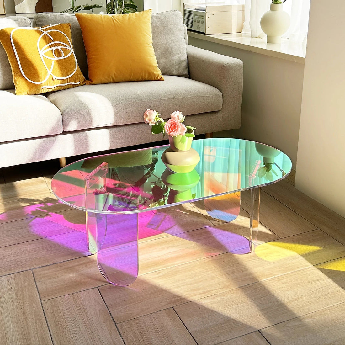 Table basse verre ronde et acrylique irisé - vente privée 14:200003699;200007763:201336101