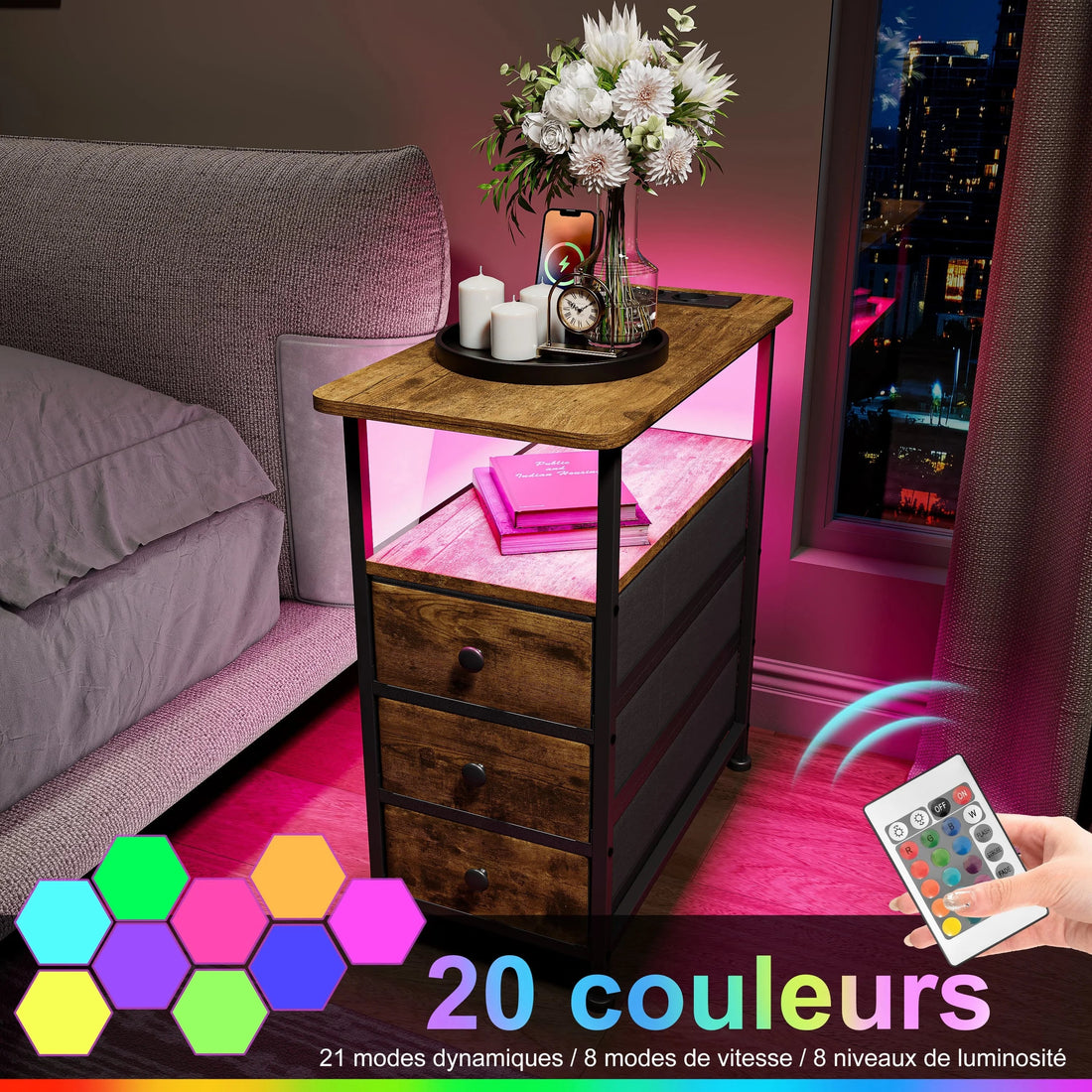 Table de chevet 3 tiroirs avec LED - MORENE - vente privée 14:193;200007763:201336101