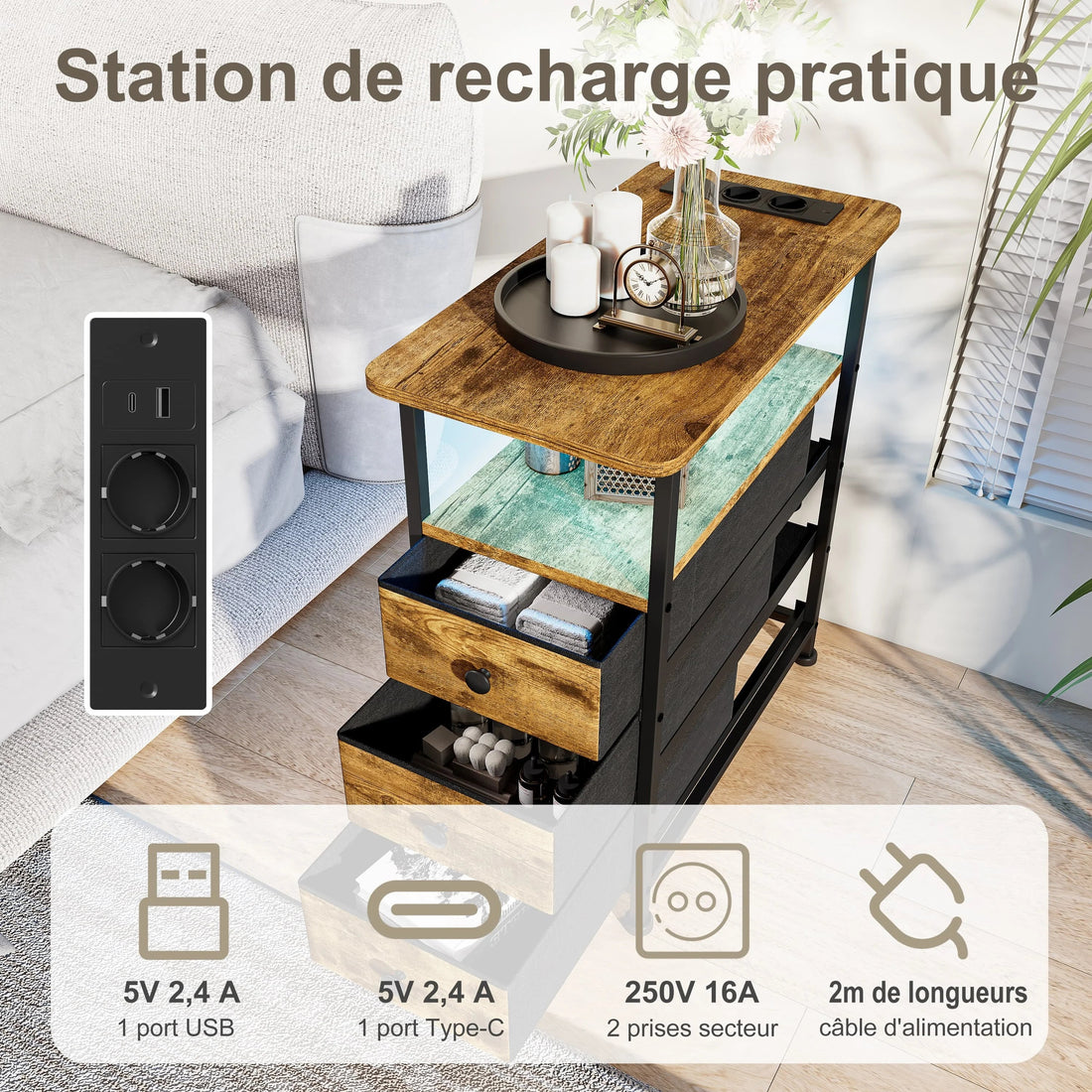 Table de chevet 3 tiroirs avec LED - MORENE - vente privée 14:193;200007763:201336101