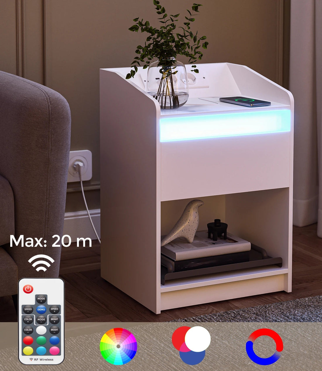Table de chevet avec lumière LED et station de charge - vente privée 14:193;200007763:201336101