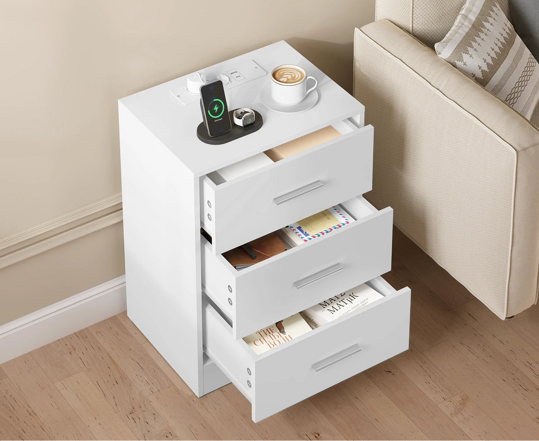 Table de chevet avec prise 3 tiroirs blanc - vente privée 14:193black 1 piece;200007763:201336101