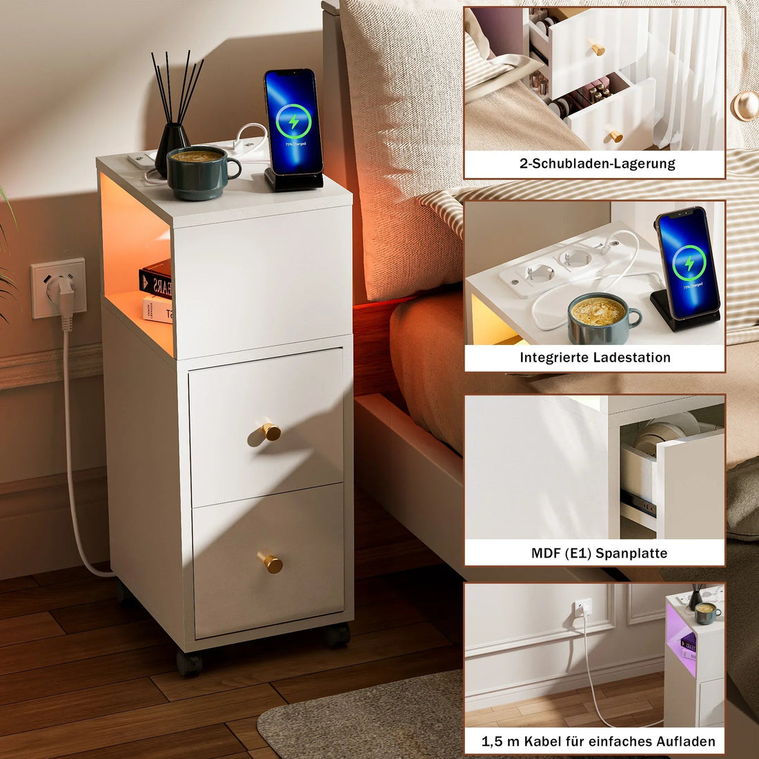 Table de chevet connecté avec station de charge et bande lumineuse Bluetooth - vente privée 14:29White;200007763:201336101