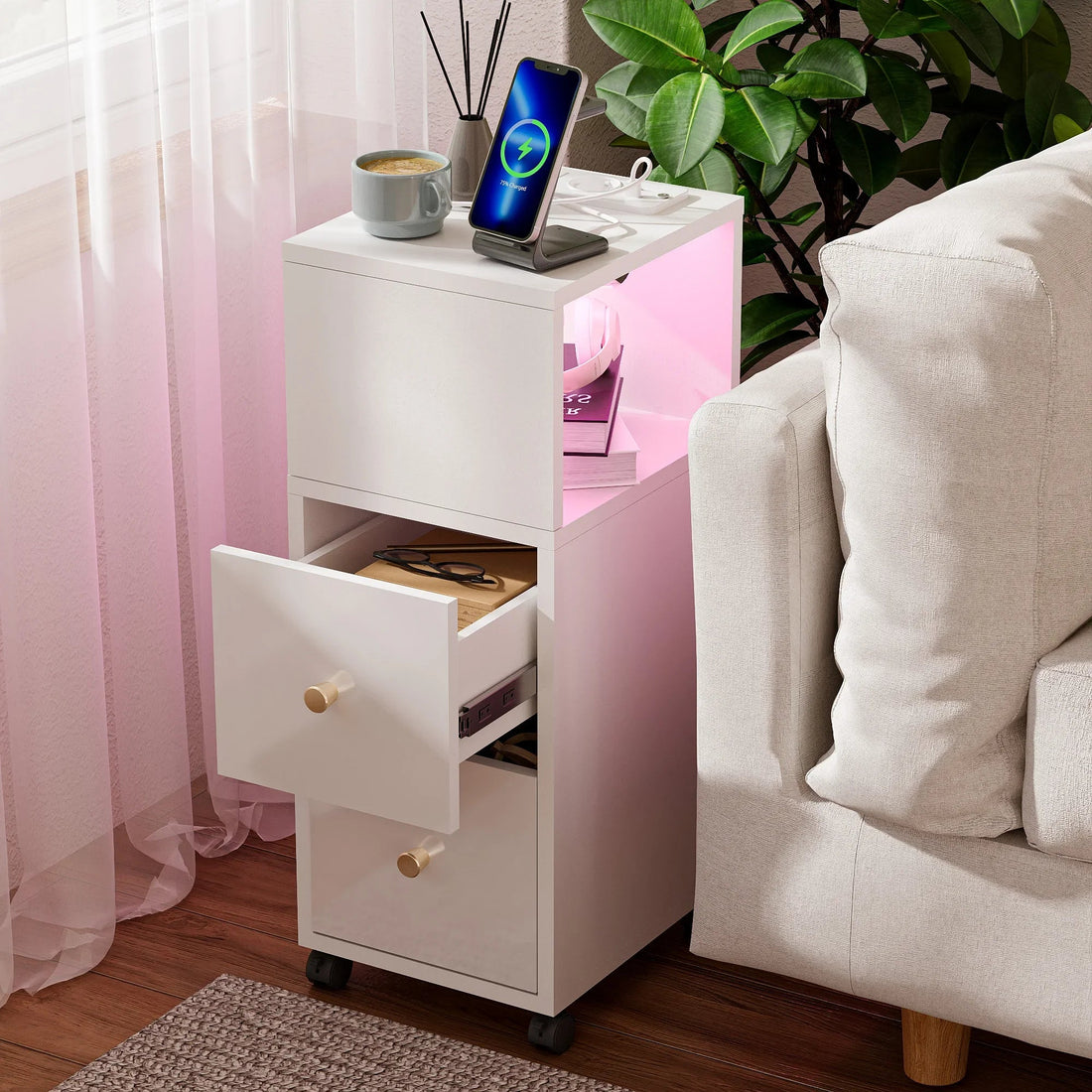Table de chevet connecté avec station de charge et bande lumineuse Bluetooth - vente privée 14:29White;200007763:201336101