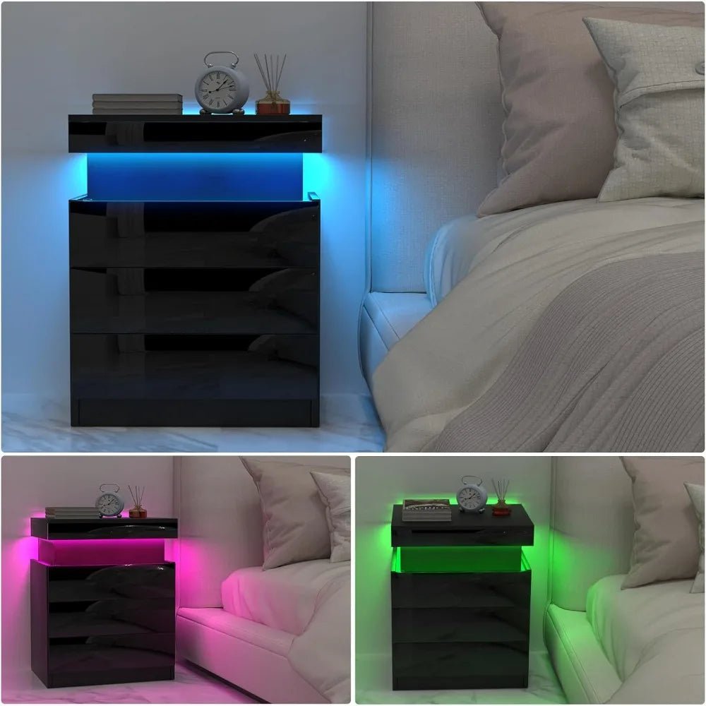 Table de Chevet design noir avec 3 Tiroirs et LED - vente privée 14:193;200007763:201336101