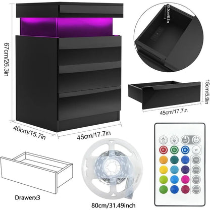 Table de Chevet design noir avec 3 Tiroirs et LED - vente privée 14:193;200007763:201336101