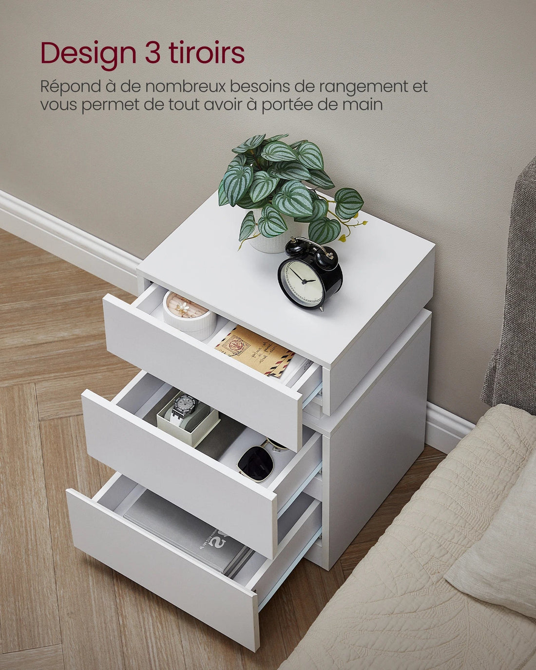 Table de chevet pas chère à LED et 3 tiroirs 2 pcs - vente privée 14:200002130Blanc Lot de 2;200007763:201336342