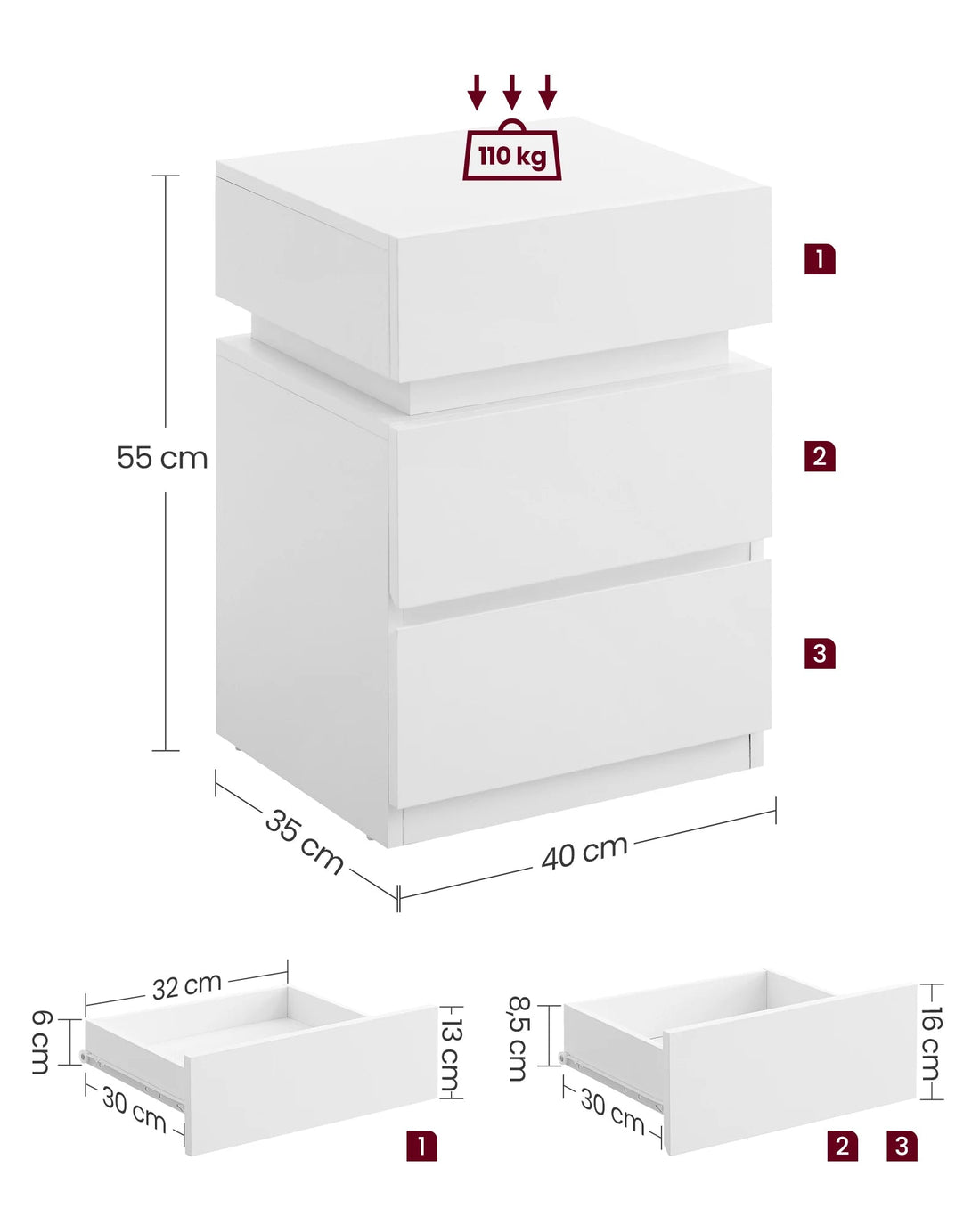 Table de chevet pas chère à LED et 3 tiroirs 2 pcs - vente privée 14:200002130Blanc Lot de 2;200007763:201336342