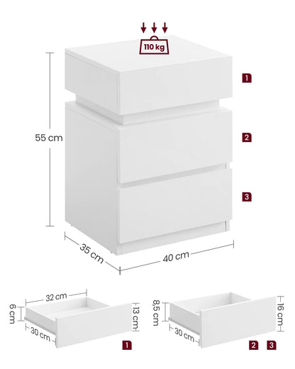 Table de chevet pas chère à LED et 3 tiroirs 2 pcs - vente privée 14:200002130Blanc Lot de 2;200007763:201336342