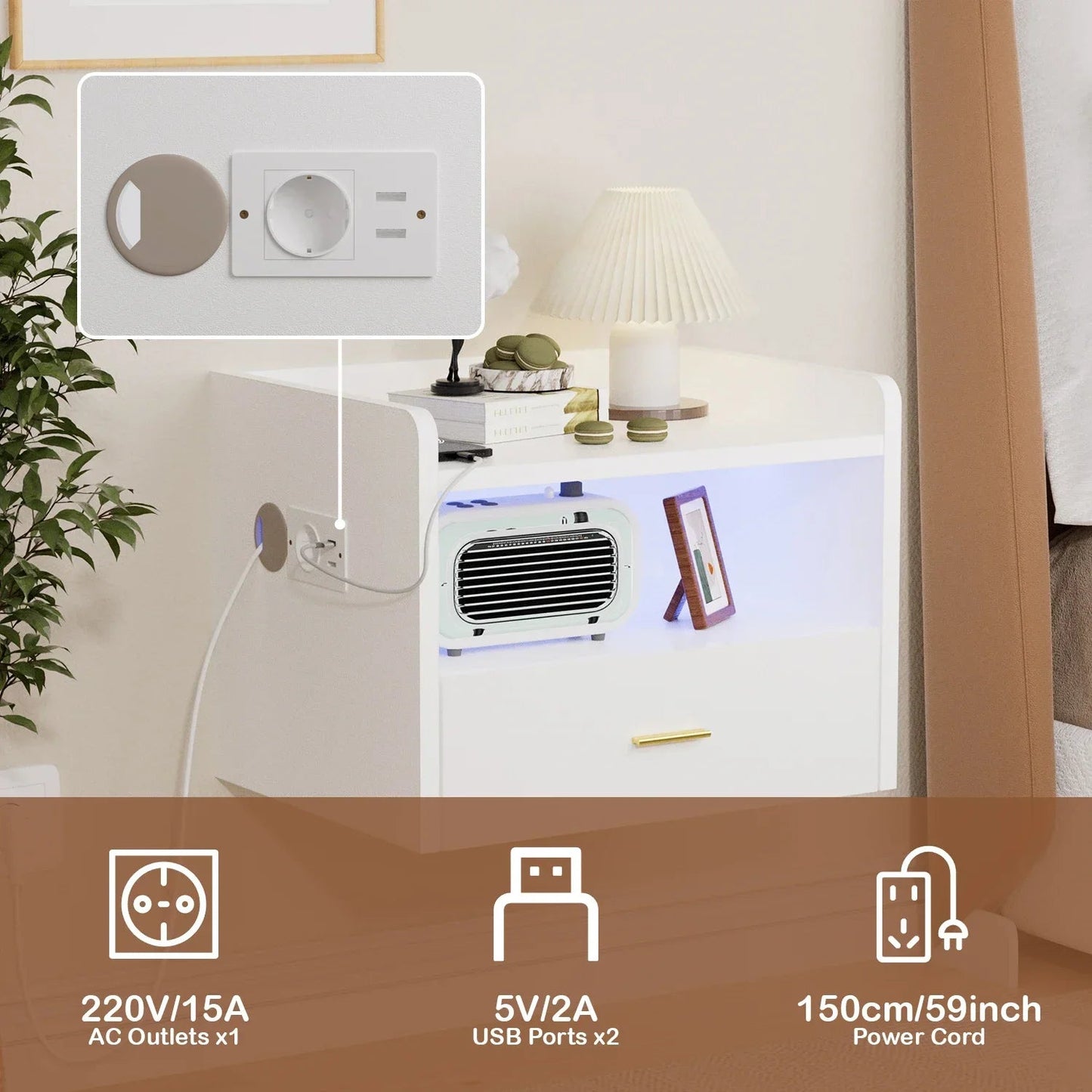 Table de nuit à un tiroir avec une bande lumineuse - 14:1751pcs White;200007763:201336101