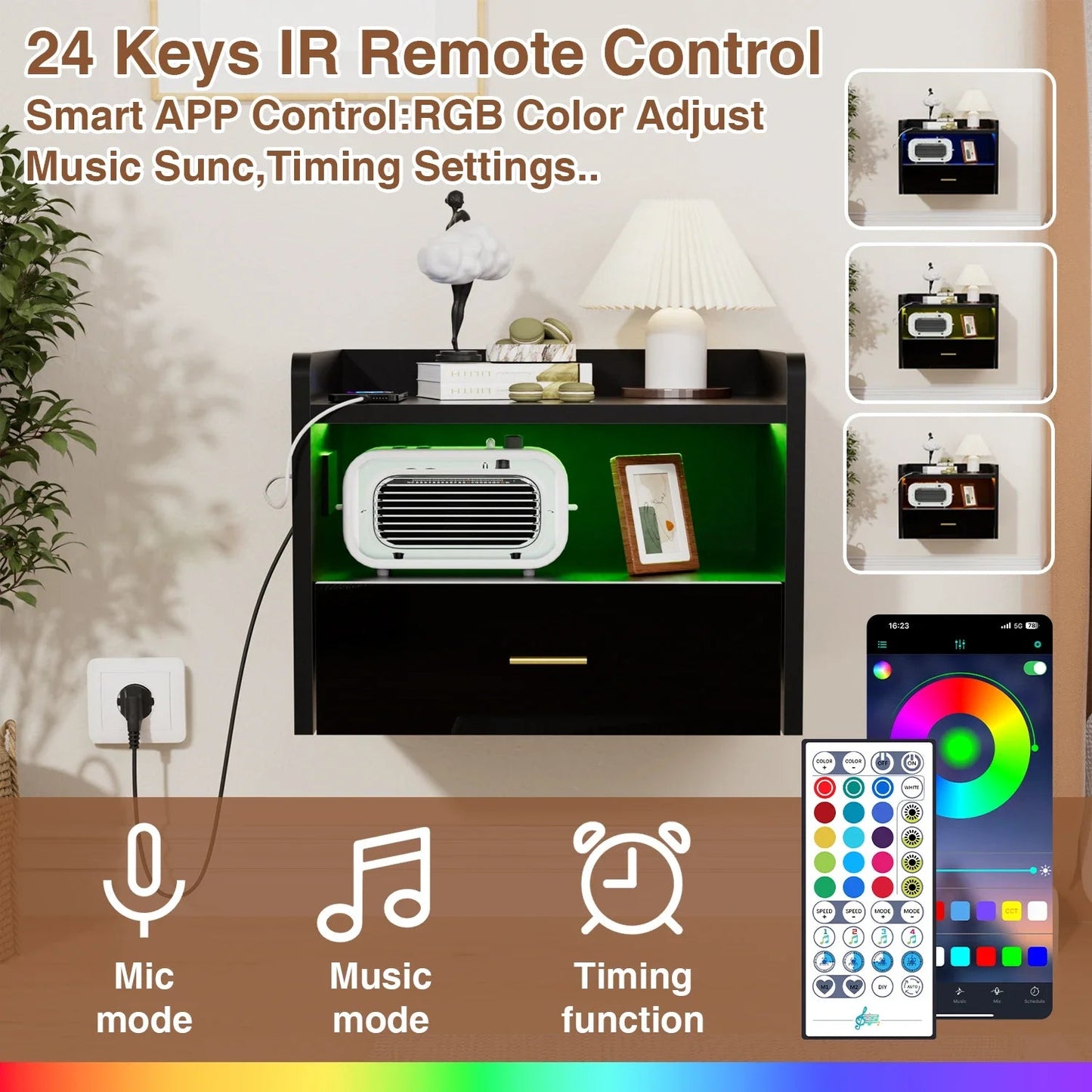 Table de nuit à un tiroir avec une bande lumineuse - 14:1751pcs White;200007763:201336101