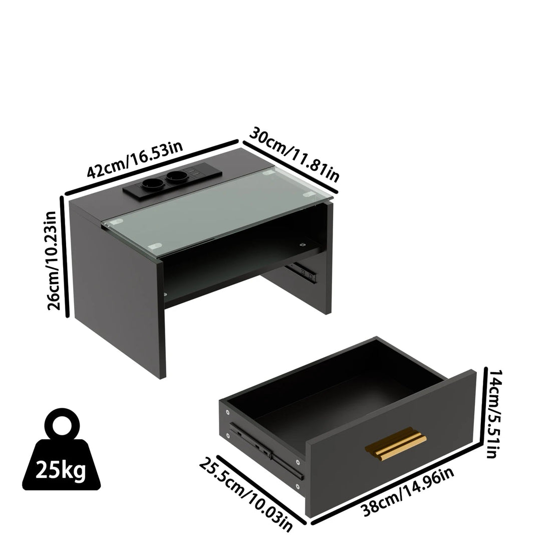 Table de nuit avec plateau verre trempé LED - vente privée 14:173Black;200007763:201336101