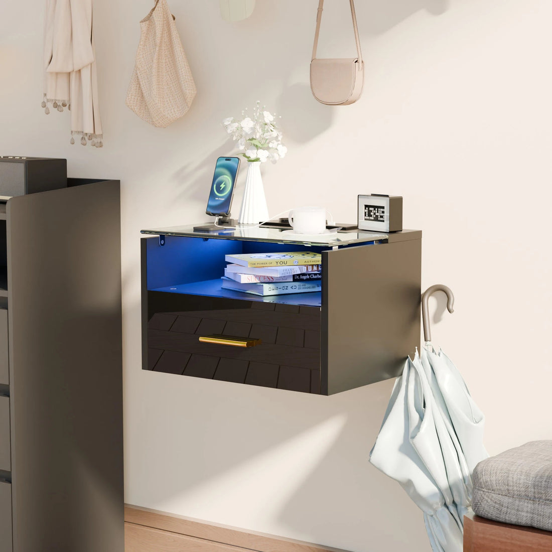 Table de nuit avec plateau verre trempé LED - vente privée 14:173Black;200007763:201336101