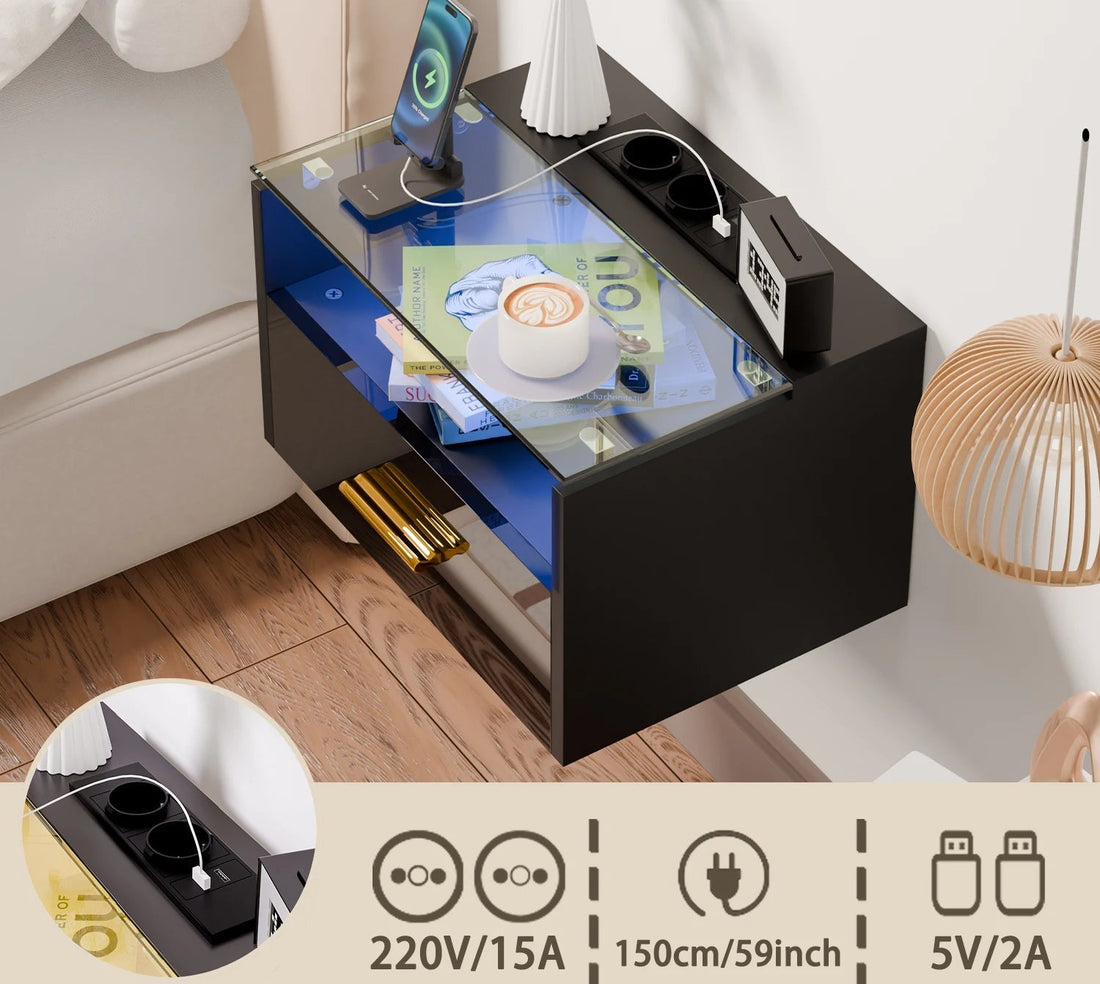 Table de nuit avec plateau verre trempé LED - vente privée 14:173Black;200007763:201336101