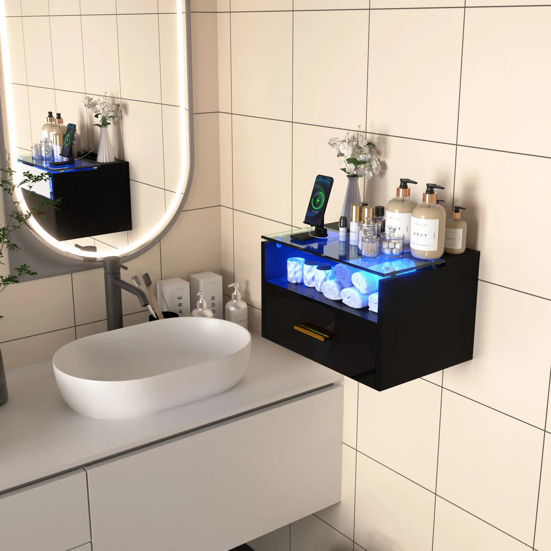 Table de nuit avec plateau verre trempé LED - vente privée 14:173Black;200007763:201336101