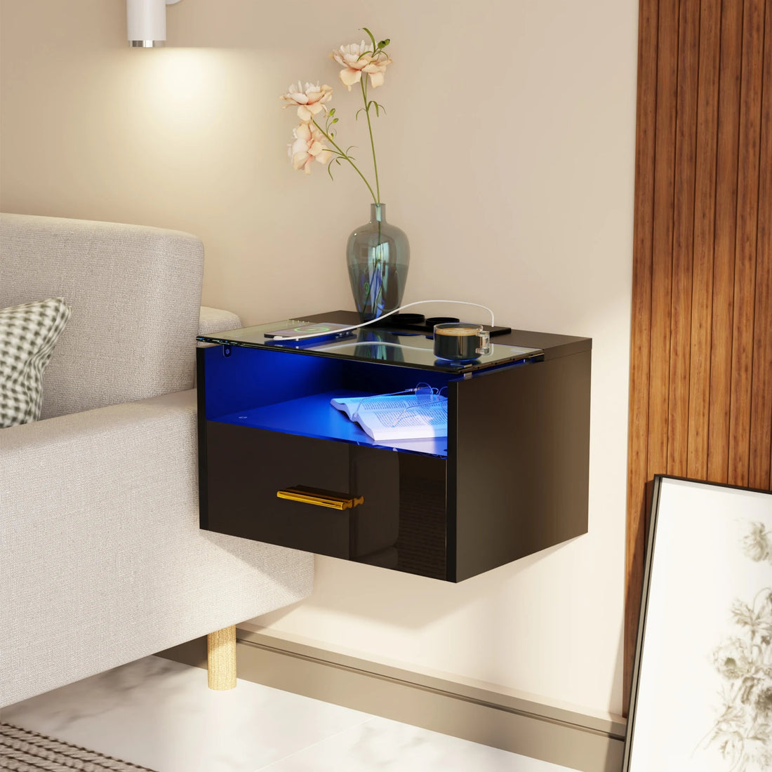 Table de nuit avec plateau verre trempé LED - vente privée 14:173Black;200007763:201336101