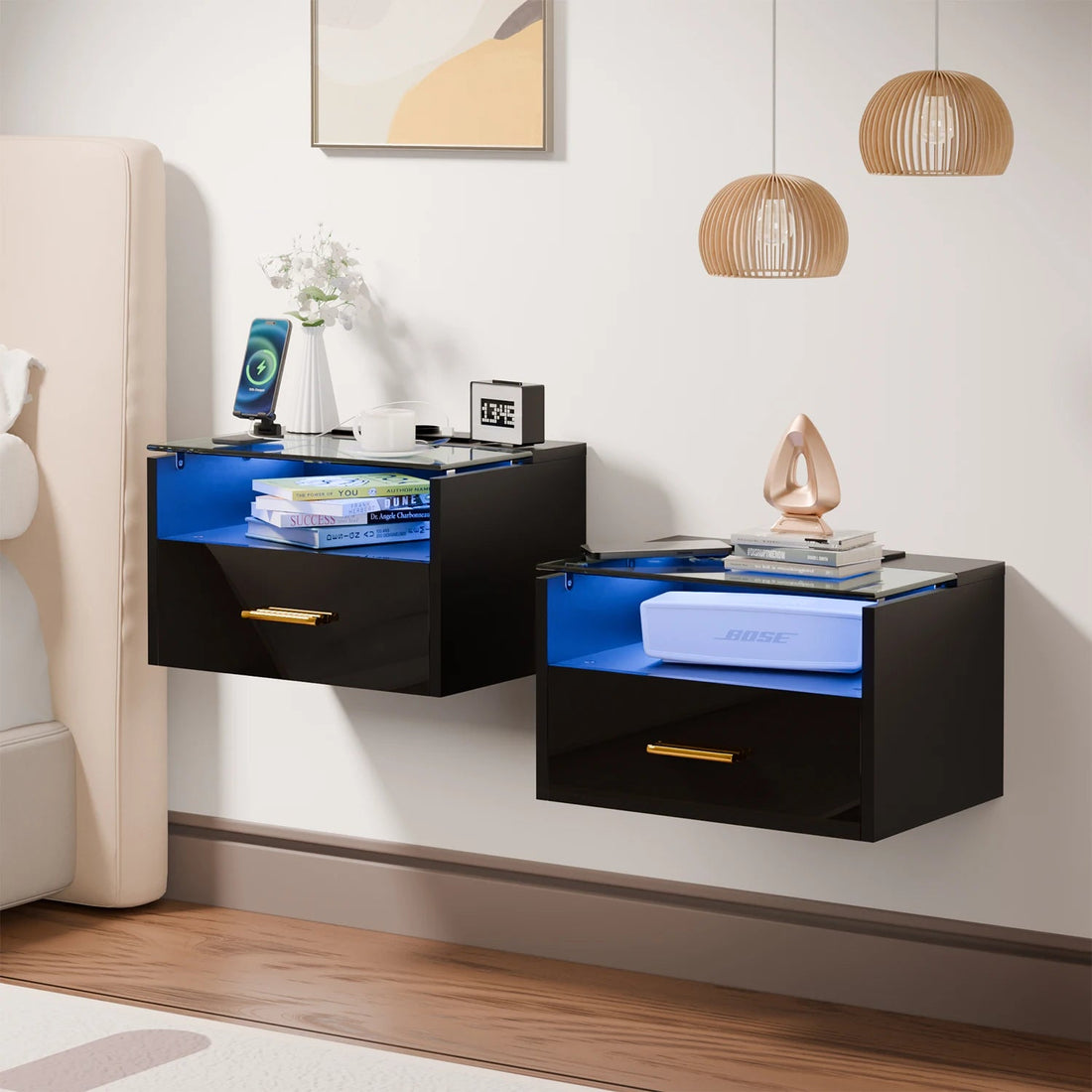 Table de nuit avec plateau verre trempé LED - vente privée 14:173Black;200007763:201336101
