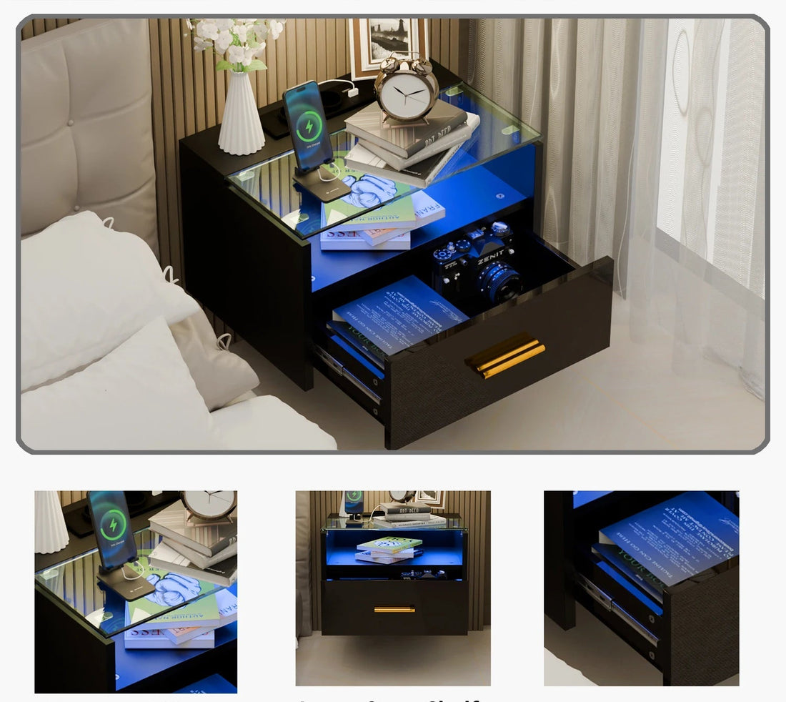 Table de nuit avec plateau verre trempé LED - vente privée 14:173Black;200007763:201336101