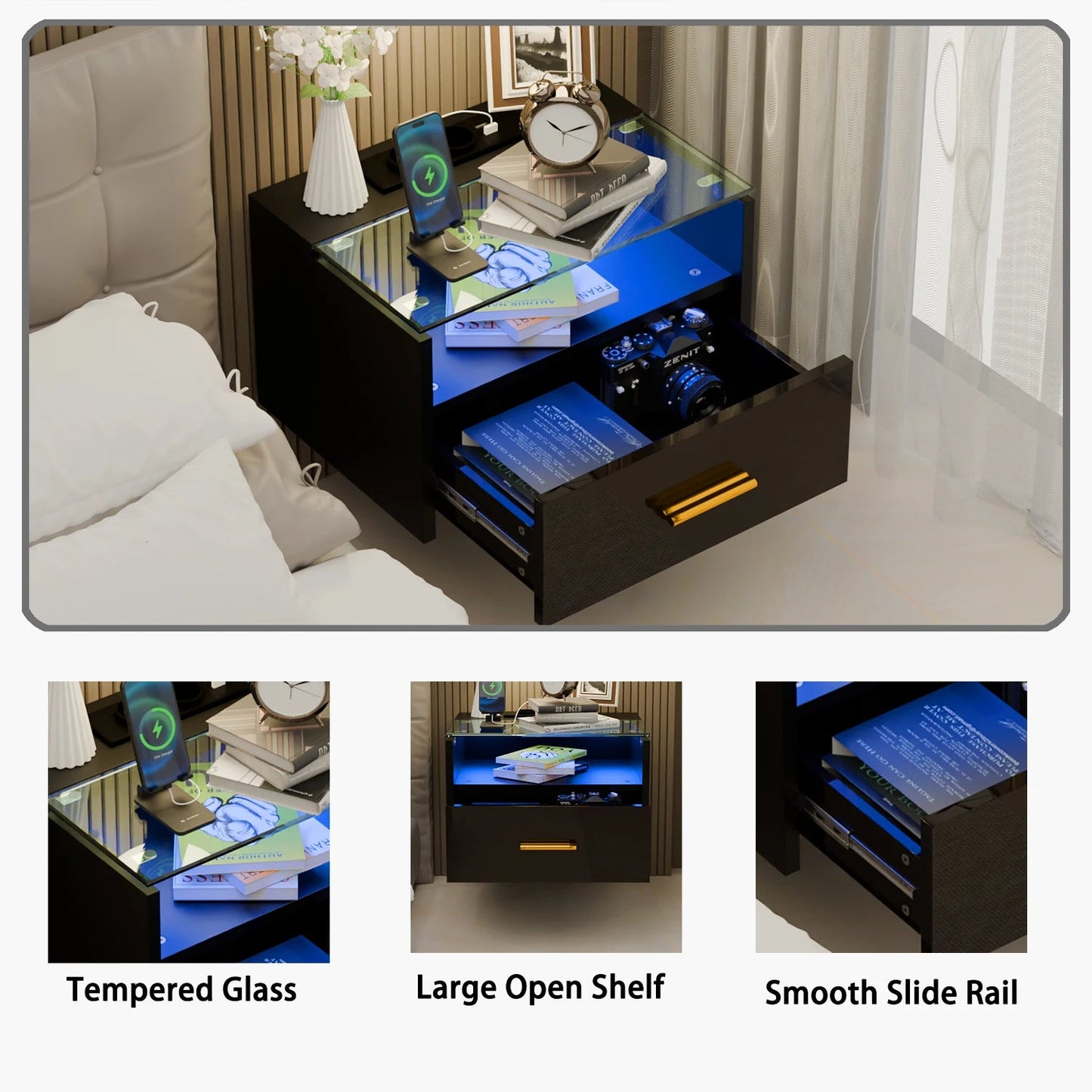 Table de nuit avec plateau verre trempé LED - 14:173Black;200007763:201336101