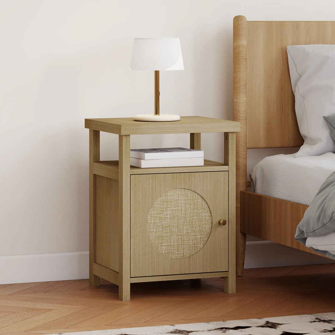 Table de nuit avec porte en rotin et étagère ouverte - 40X35X55 cm - vente privée 14:-1;200007763:201336104;5:-1