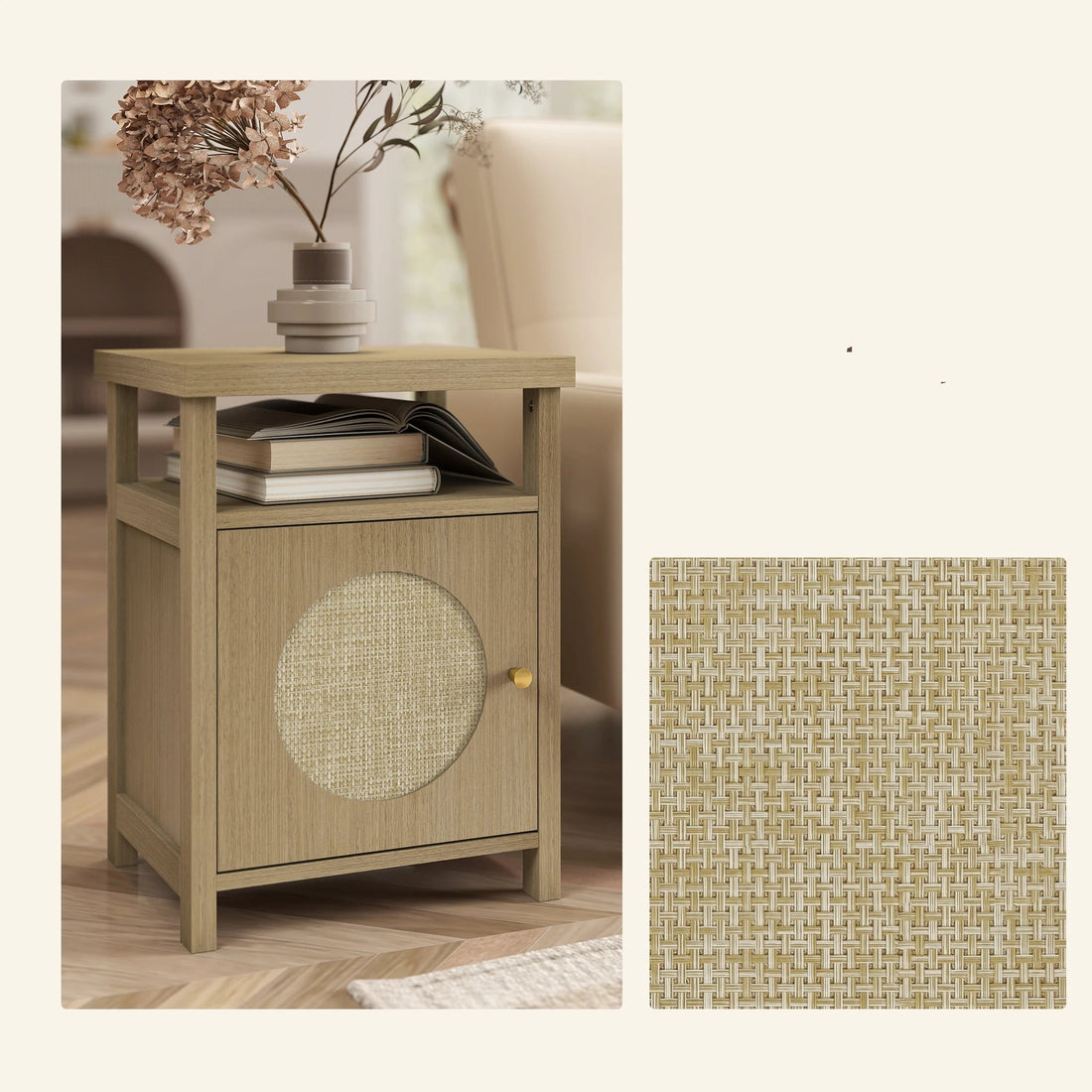 Table de nuit avec porte en rotin et étagère ouverte - 40X35X55 cm - vente privée 14:-1;200007763:201336104;5:-1