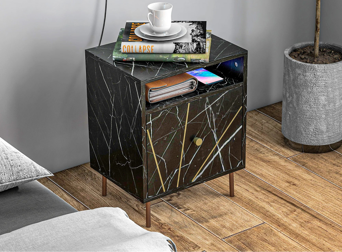Table de nuit effet marbre 39X30X50 cm Noir - vente privée 200007763:201336104