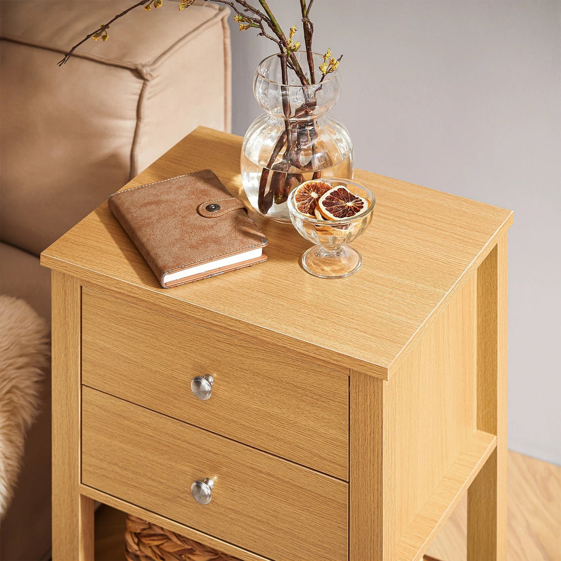 Table de nuit étagère en bois avec 2 tiroirs - 45 x 60 x 35cm - vente privée 14:774;200007763:201336101
