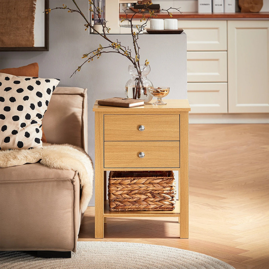 Table de nuit étagère en bois avec 2 tiroirs - 45 x 60 x 35cm - vente privée 14:774;200007763:201336101