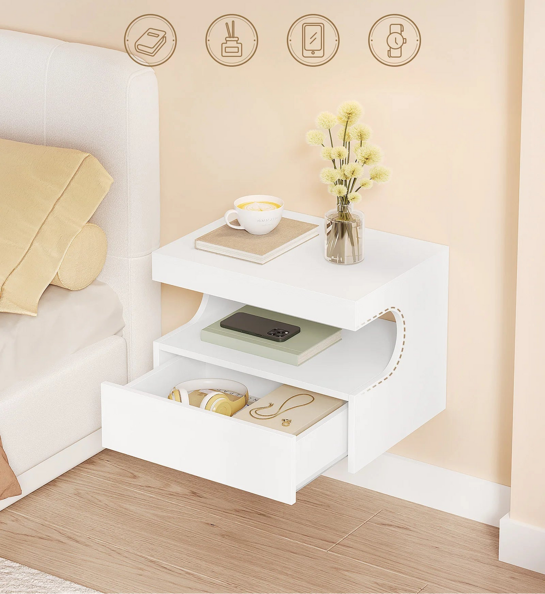 Table de nuit flottante blanche pour chambre - 1 pièce - vente privée 14:29;200007763:201336101