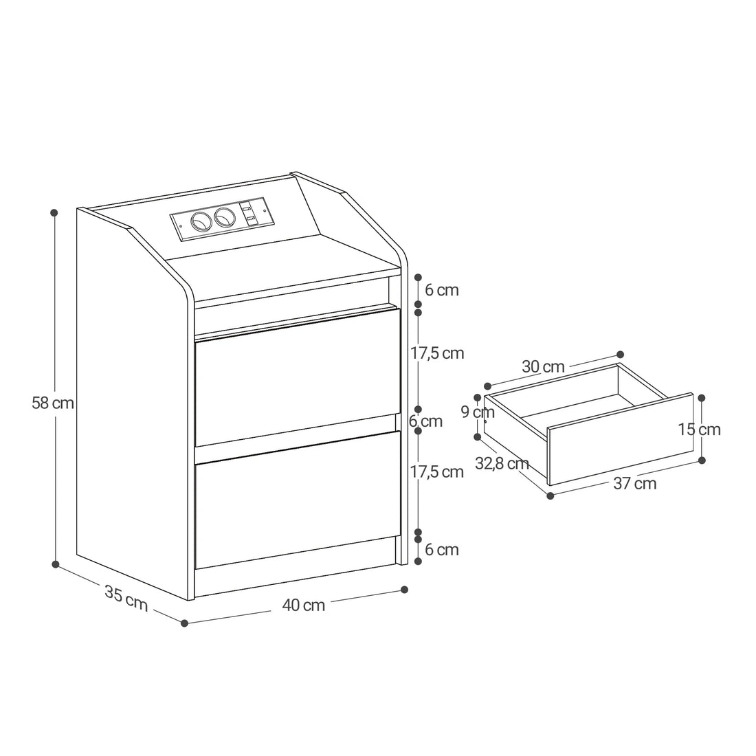 Table de nuit LED avec prise USB, 2 tiroirs - vente privée 14:2000061541pc;200007763:201336101