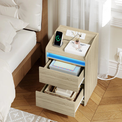 Table de nuit LED avec prise USB, 2 tiroirs - vente privée 14:2000061541pc;200007763:201336101