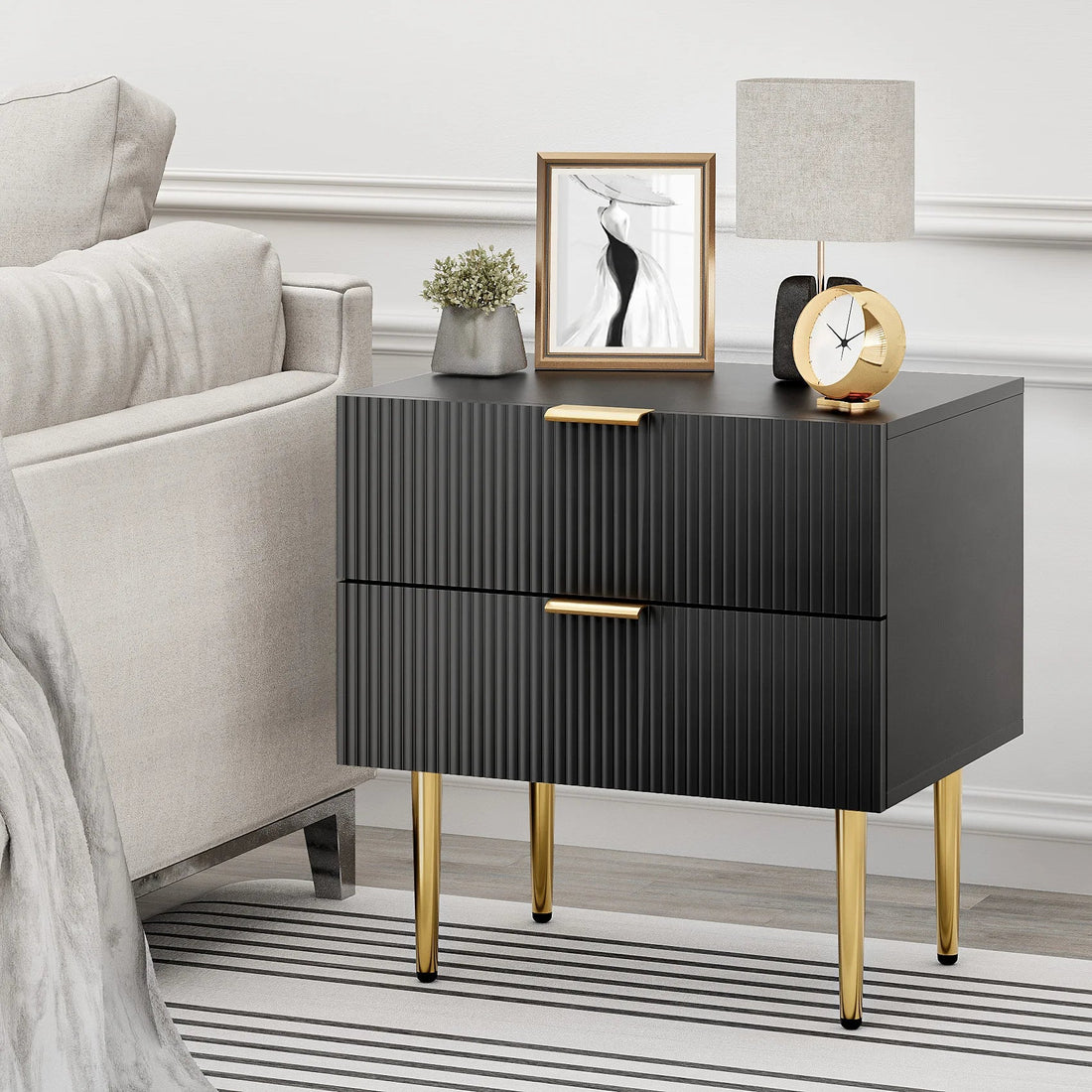 Table de nuit noire avec 2 tiroirs 1 Piece - vente privée 14:10black;200007763:201336342