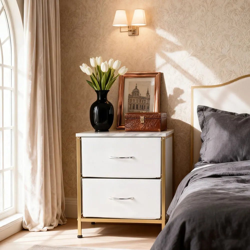 Table de nuit originale avec doubles tiroirs pour chambre à coucher - vente privée 14:10Gold-white