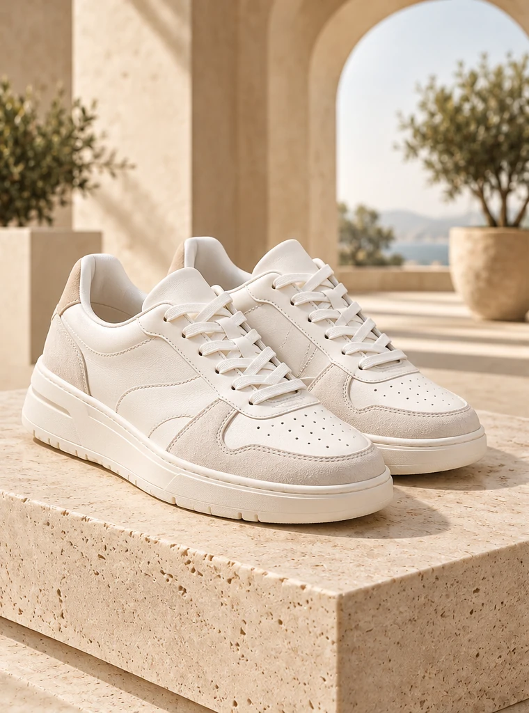 Paire de baskets blanches sur une pierre claire, illustration de collection