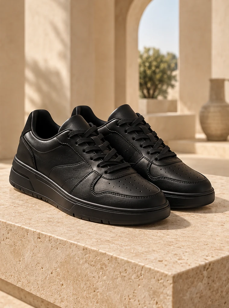Paire de baskets noires dans un décor minéral, illustration de collection
