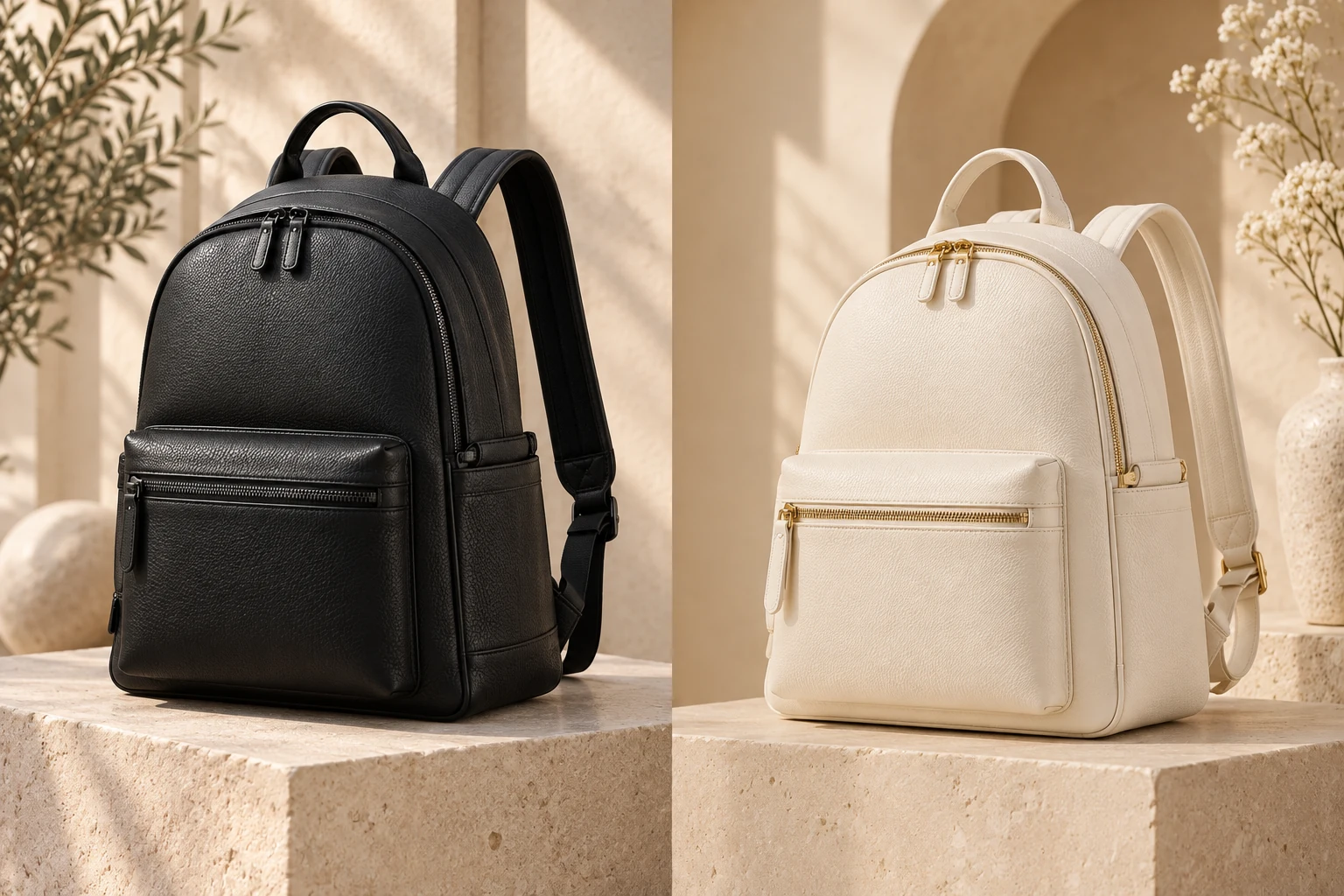 Deux sacs à dos noir et ivoire sur des socles en pierre, illustration de collection