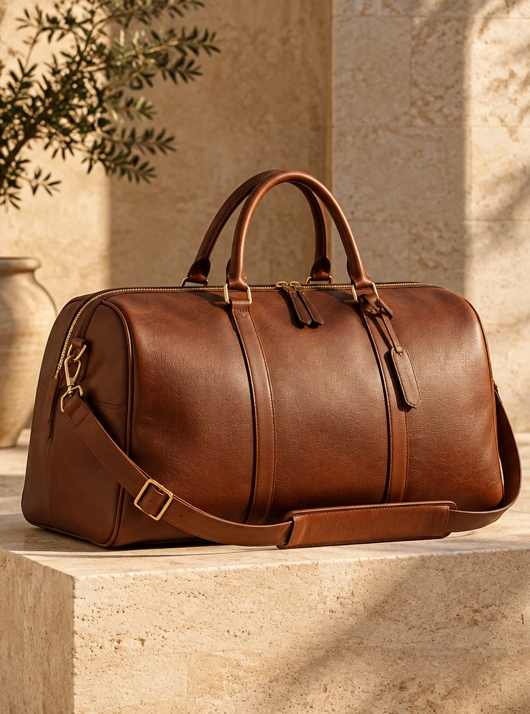 Sac de voyage cognac avec anses et bandoulière, illustration
