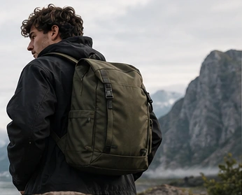 Un voyageur avec un sac à dos kaki devant les montagnes