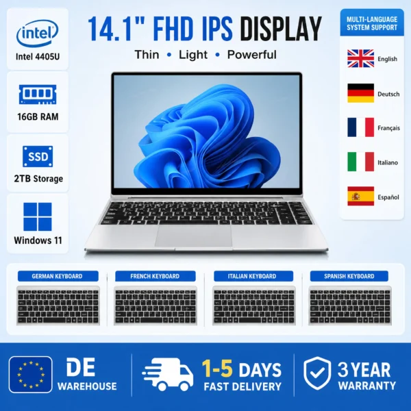 Ordinateur portable LENO HOT 14,1 pouces Windows 11 16 Go RAM SSD